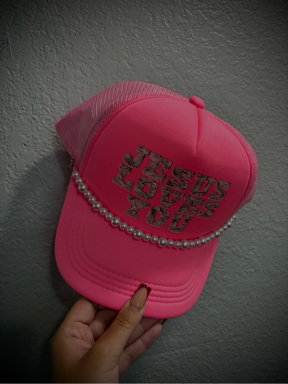 Pink Trucker Hat with 'JESUS LOVES YOU' Pearl Trim